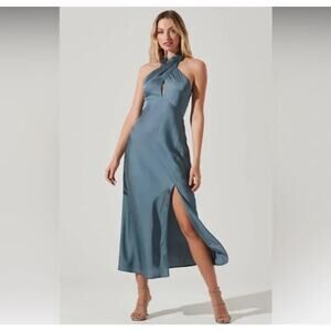 New ASTR Marissa Satin Halter Midi Dress in Dusty Blue Size XS